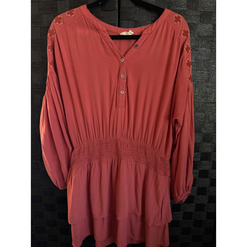 Hummingbird Tunic Top Women L Rose Terracotta Boho Embroidered Smocked Peplum